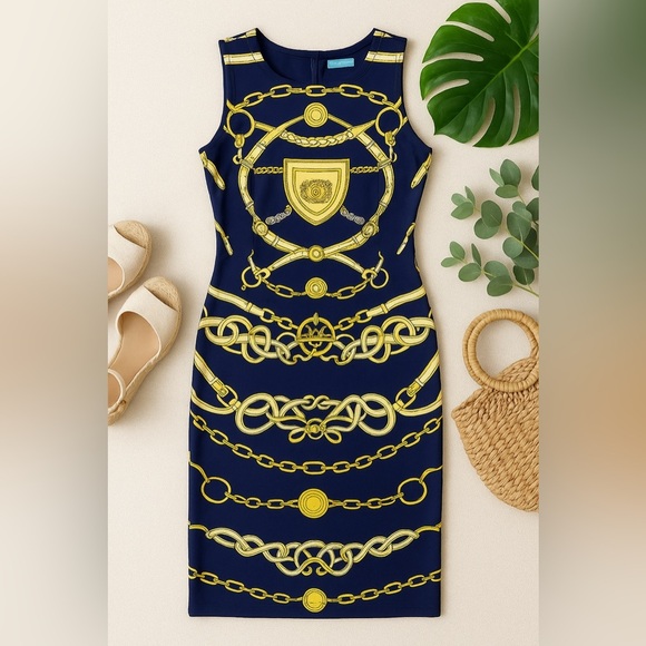 J.McLaughlin Chain Print Dress XS Navy Gold Nautical Equestrian Brunch Preppy - Picture 2 of 10
